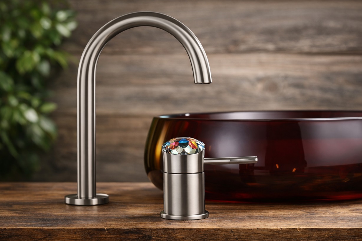 Brushed nickel bathroom faucet with a crystal-style single handle in an upscale vanity application